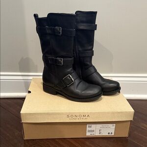 Sonoma Black Leather Boots with Buckles for Women